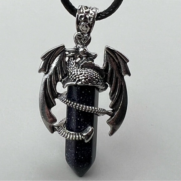 New Dragon Blue Sandstone Hexagonal Amulet Chakra Pendant Necklace w Cord - Picture 6 of 8